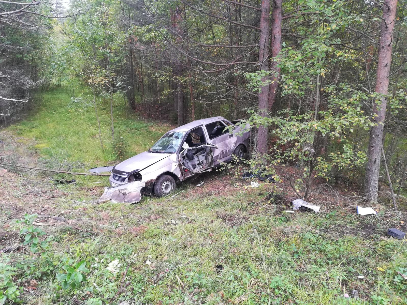 В Беломорском районе автомобиль вылетел с дороги и врезался в дерево, есть пострадавшие 
