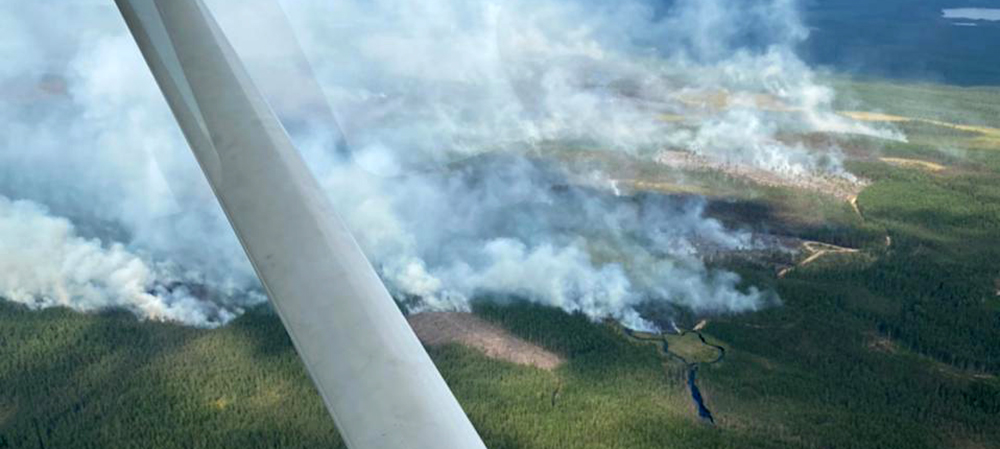 Огромный лесной пожар в Карелии сняли на видео с борта самолета