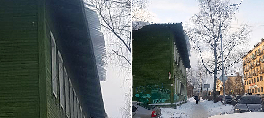 Снежные глыбы угрожают упасть на головы пешеходов в центре Петрозаводска (ФОТО)