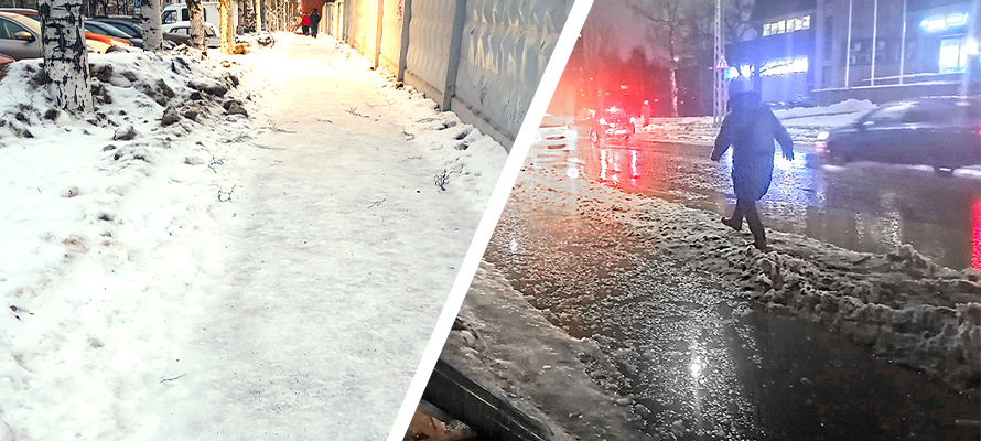 Пешеходы в Петрозаводске то скачут по лужам, то катятся по льду (ФОТОФАКТ)