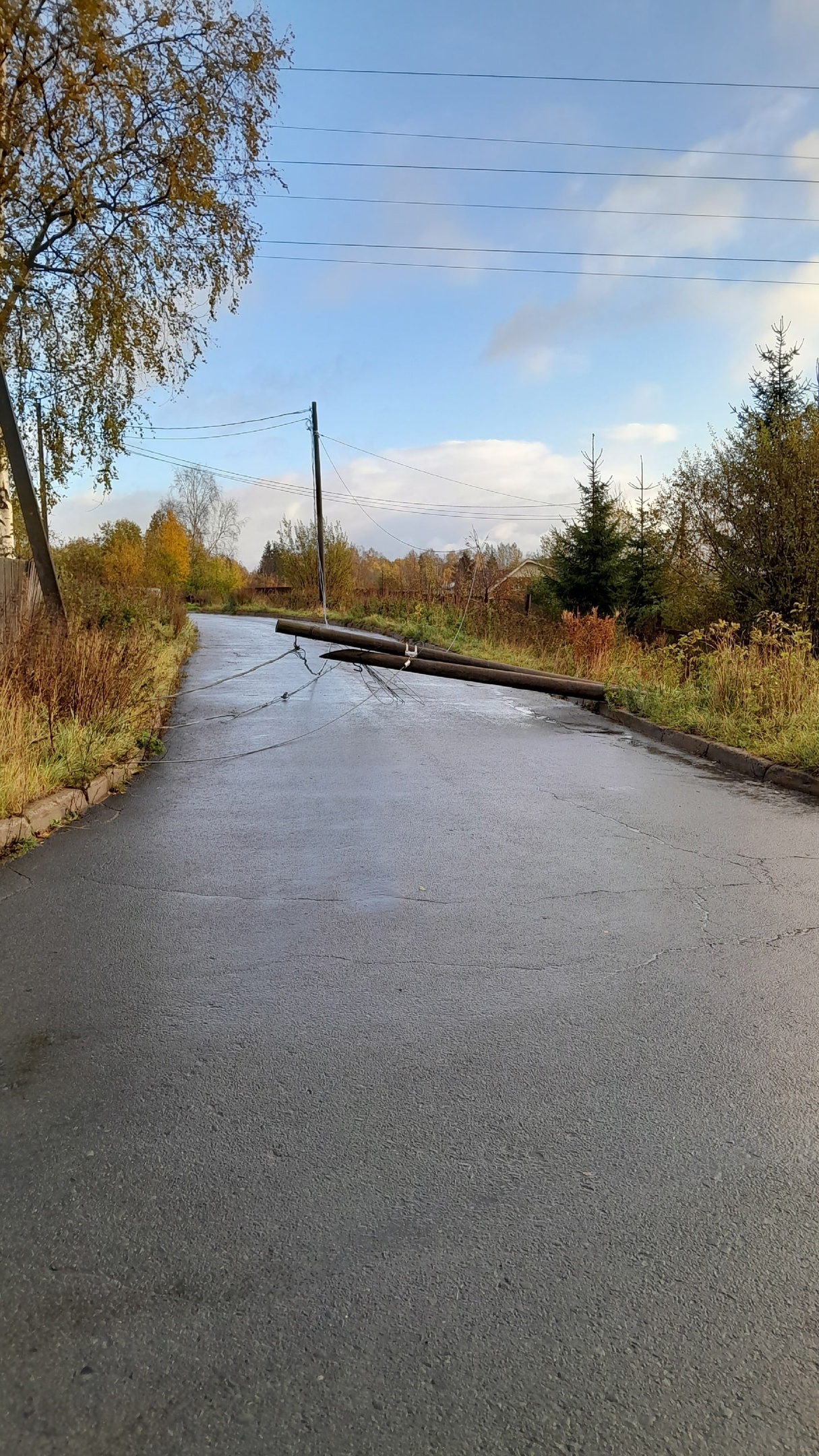Упавший электрический столб перегородил дорогу в одном из районов Петрозаводска