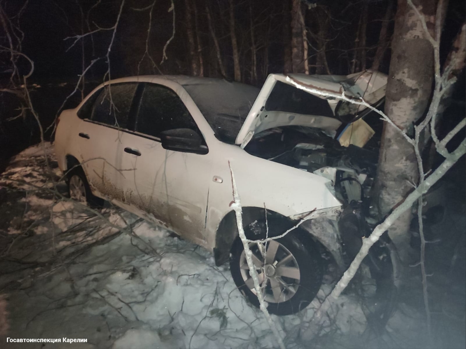 После заноса отечественный автомобиль слетел с дороги в кювет и врезался в  дерево на севере Карелии | СТОЛИЦА на Онего