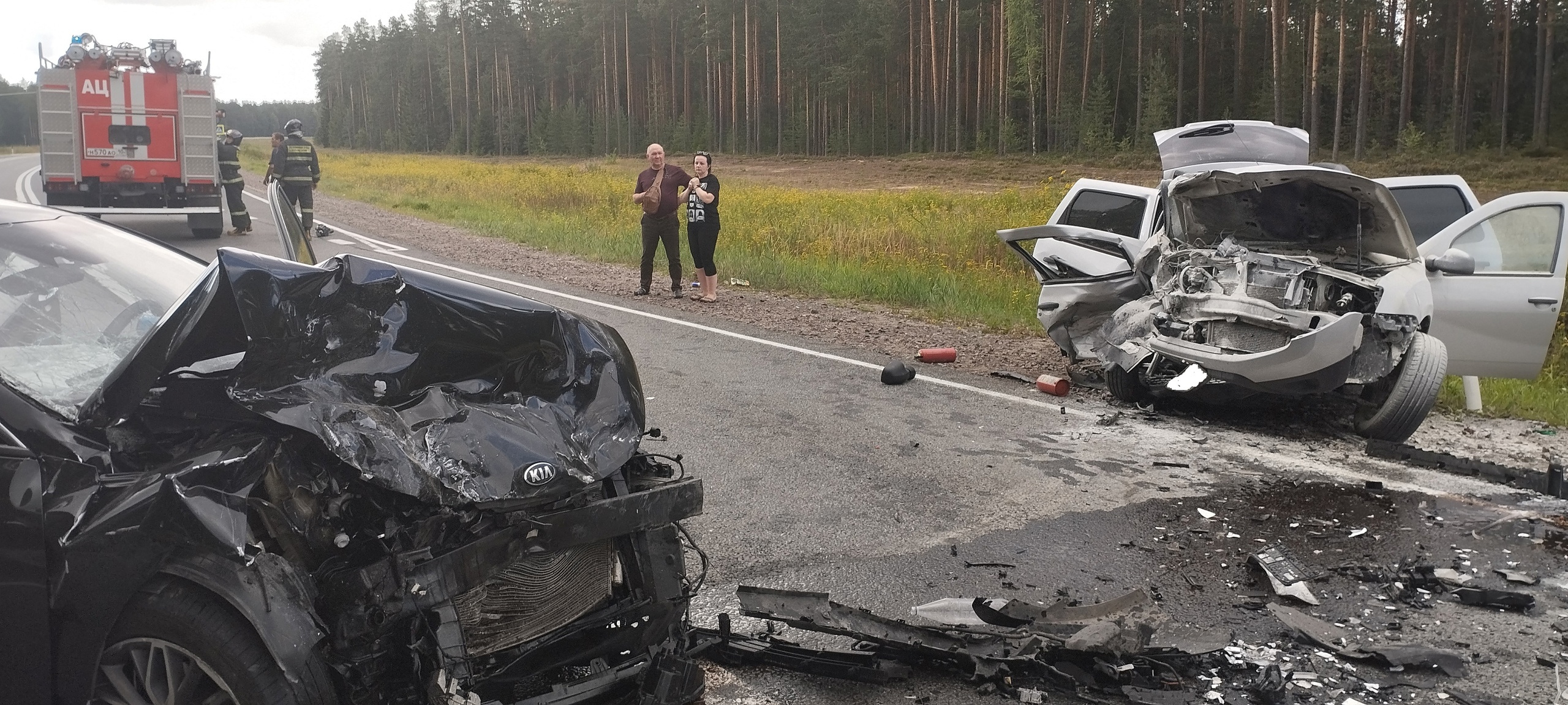Автомобили искорежило после лобовой аварии на трассе в Карелии