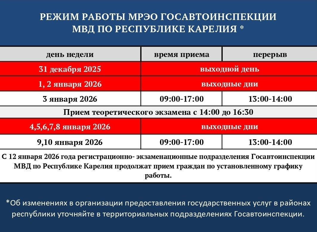 Госавтоинспекция Карелии опубликовала график работы в новогодние праздники